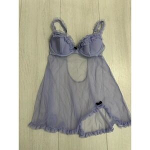 Vintage Victoria's Secret Babydoll Lingerie Sz 34C Purple Tulle / Black Bows